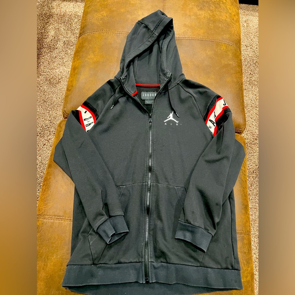 Air Jordan full zip black hoodie long sleeve sweatshirt black red white Large